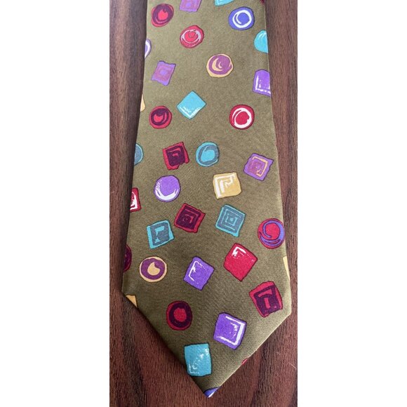 Vtg 1970's Perry Ellis Portfolio All Silk Tie Abstract Geometric Green Purples - Picture 2 of 6